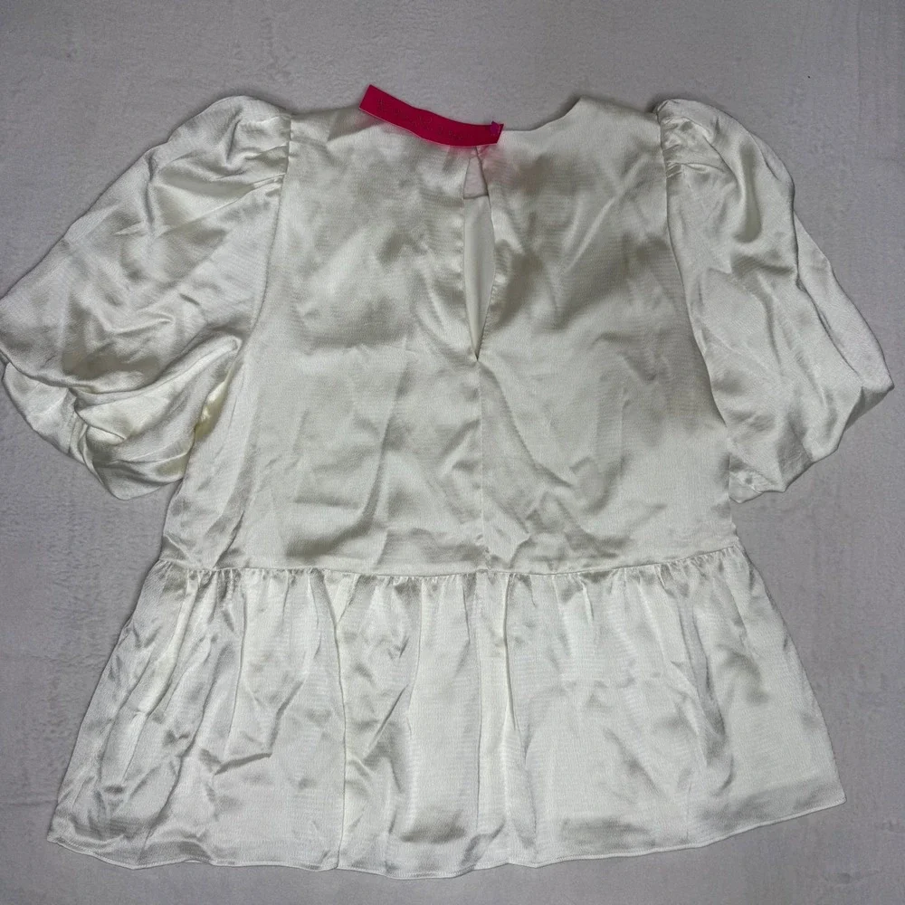 NWT Lilly Pulitzer Satin Elbow Puff Sleeve Blouse Women 8 Ivory Blakelynn Peplum